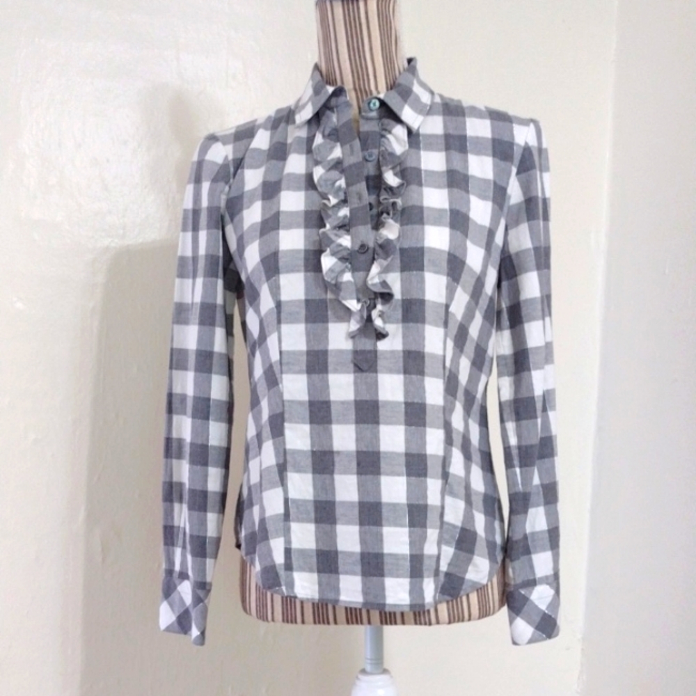 Talbots Gray & White Gingham Ruffle Popover Blouse Size 4p